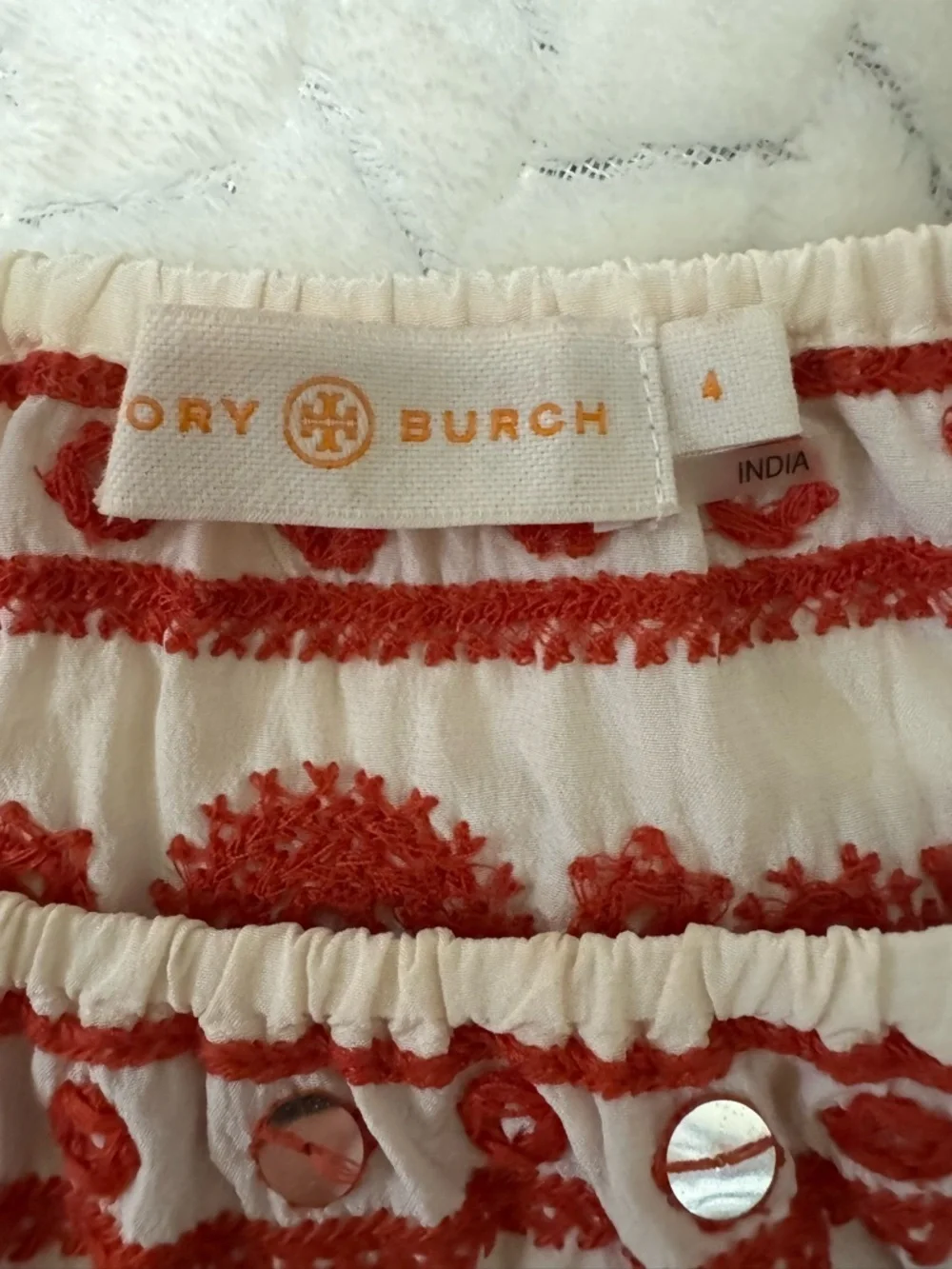 Tory Burch Cream Blouse with Red Embroidered Yoke
